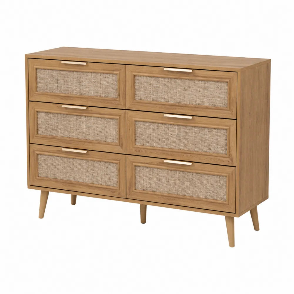 Cassettiera in Legno di Quercia e Tessuto di Iuta a 6 Cassetti