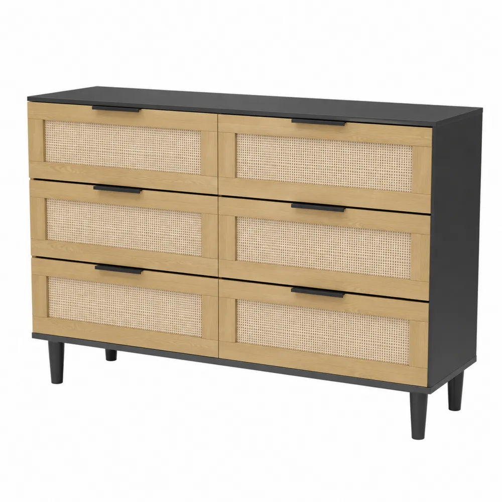 Cassettiera a 6 cassetti in legno e rattan nero e naturale