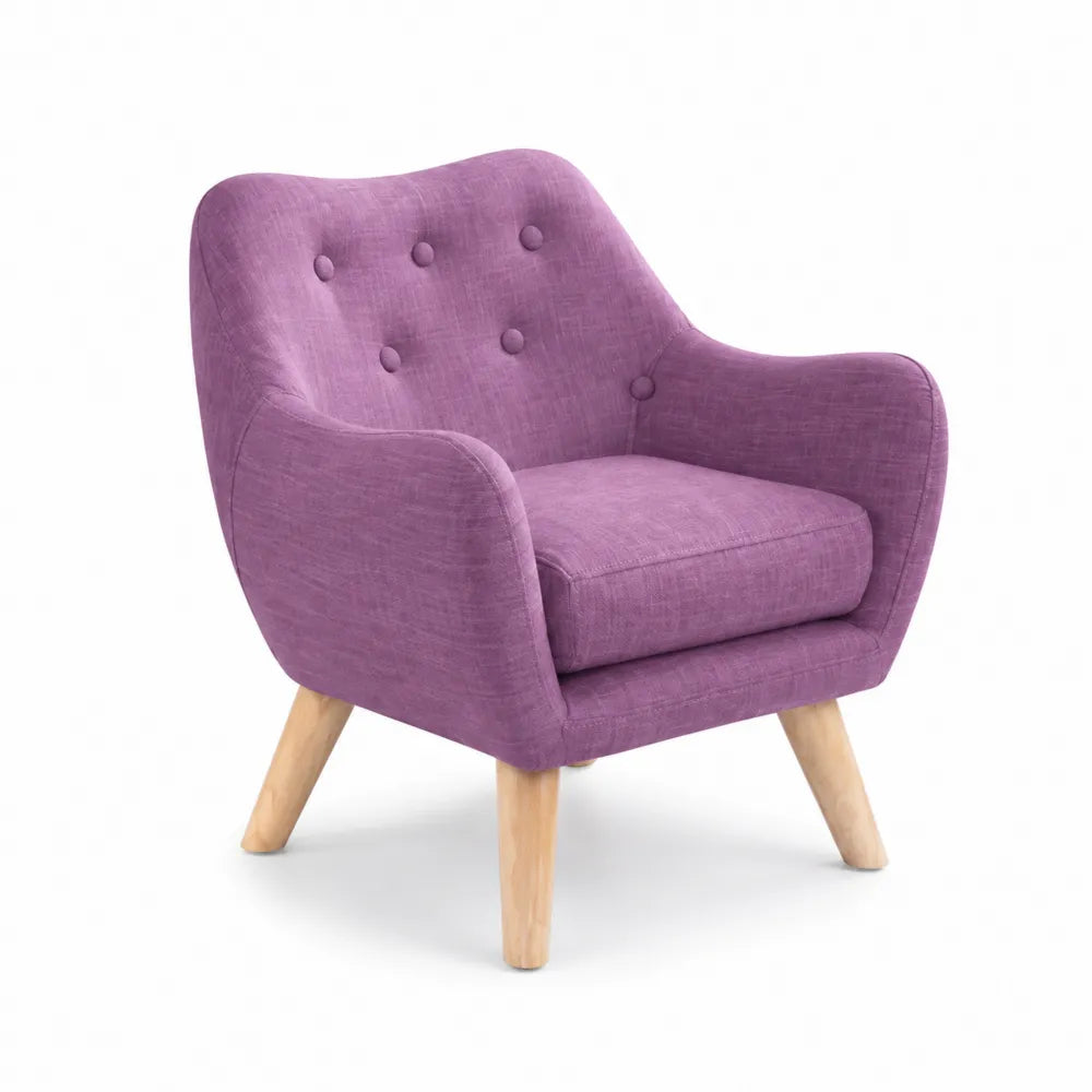 Poltrona in tessuto di poliestere viola con gambe in legno massello