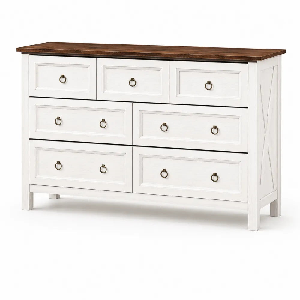 Cassettiera in legno bianco con piano marrone, 6 cassetti