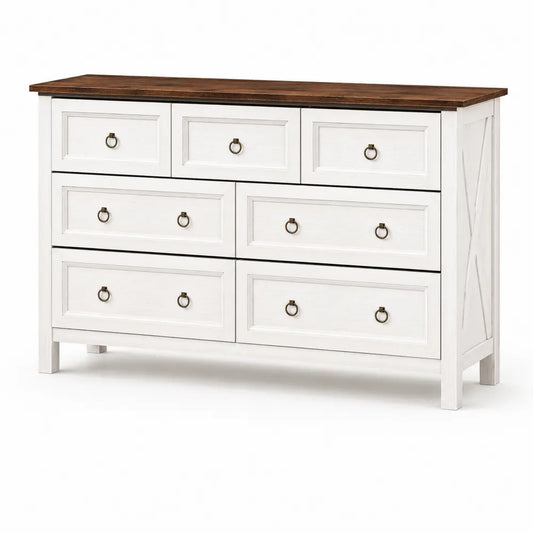 Cassettiera in legno bianco con piano marrone, 6 cassetti