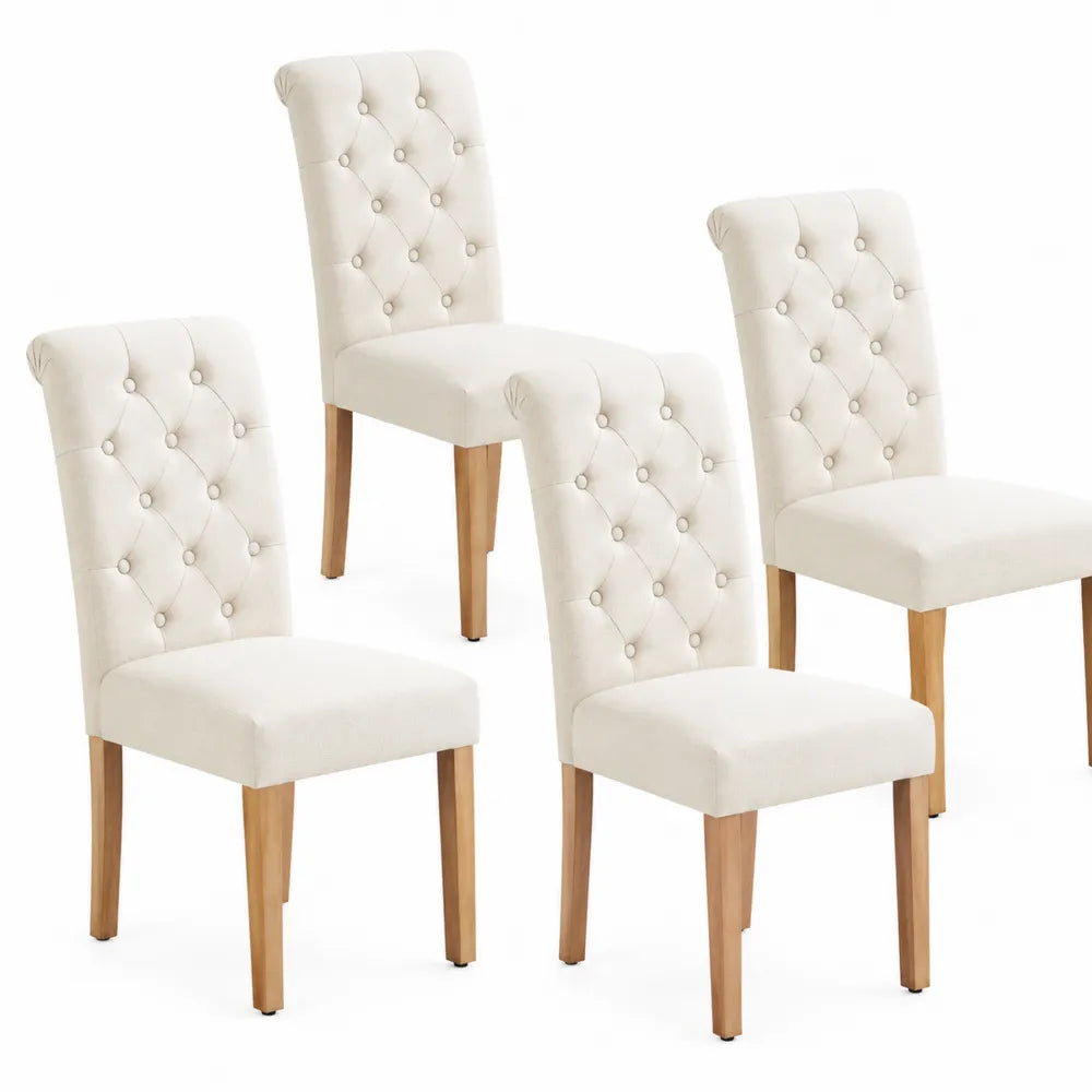 Set di 4 sedie in tessuto crema e legno