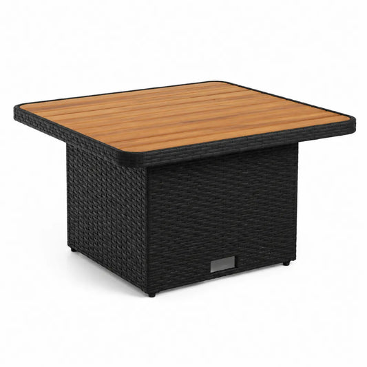 Tavolo da Esterno in Rattan Sintetico Nero con Piano in Legno di Acacia 90x90 cm
