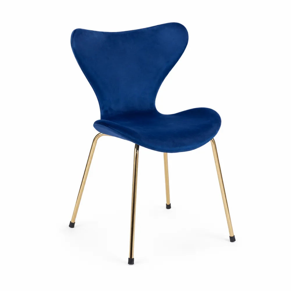 Sedia in velluto blu con gambe in metallo