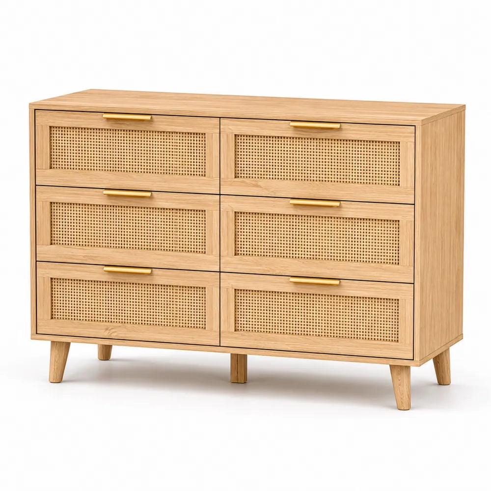 Cassettiera in Legno di Quercia e Rattan a 6 Cassetti