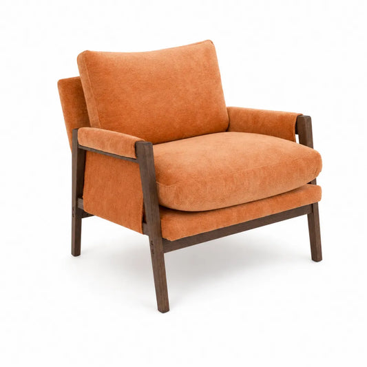 Poltrona in tessuto arancione con struttura in legno